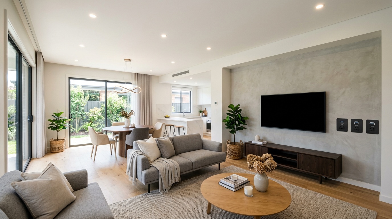 Open plan living area with downlights and USB power points