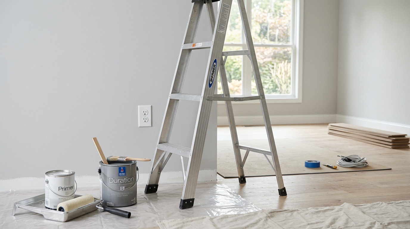Room being renovated with paint tins and a new wall socket
