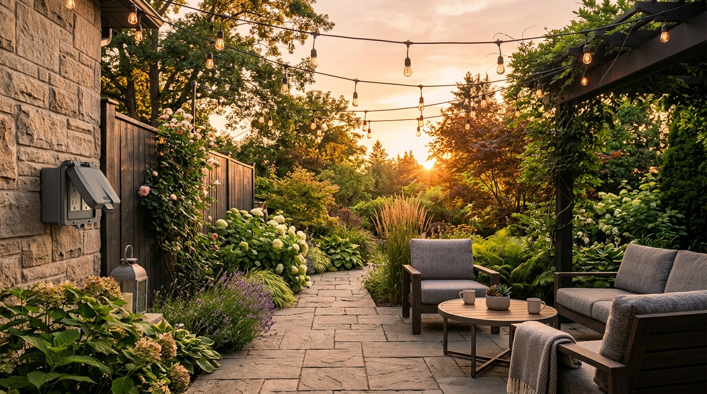 Backyard patio at golden hour with an outdoor power point and string lights