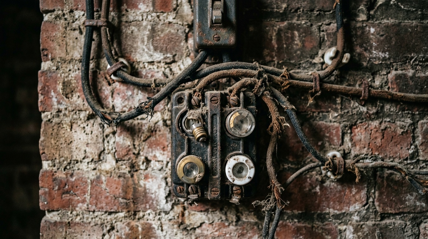 Old fuse box with ageing cloth covered wiring