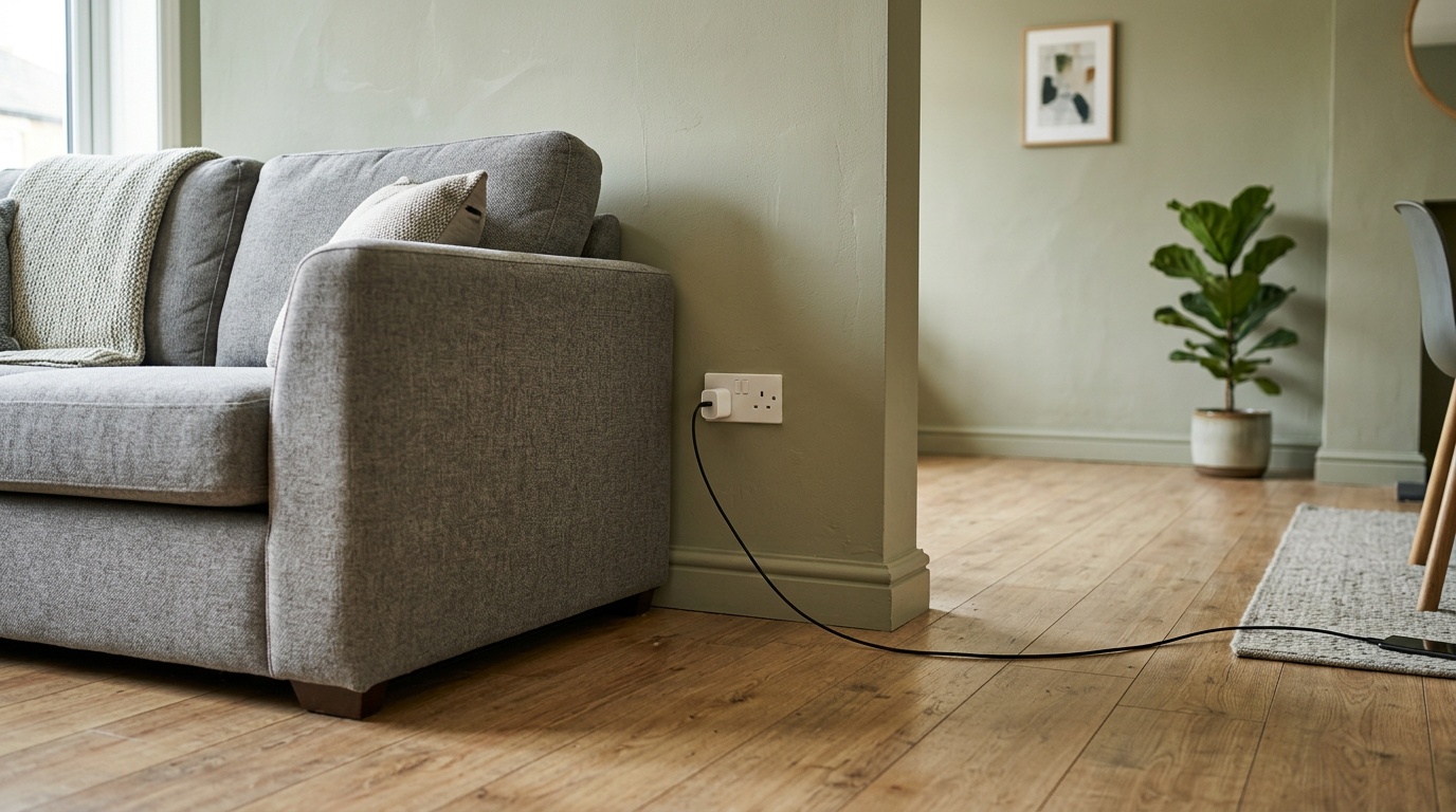 Power point partly hidden behind a sofa with a charger cable across the floor