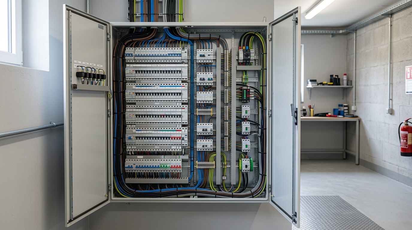 Open switchboard cabinet with tidy wiring in a utility room