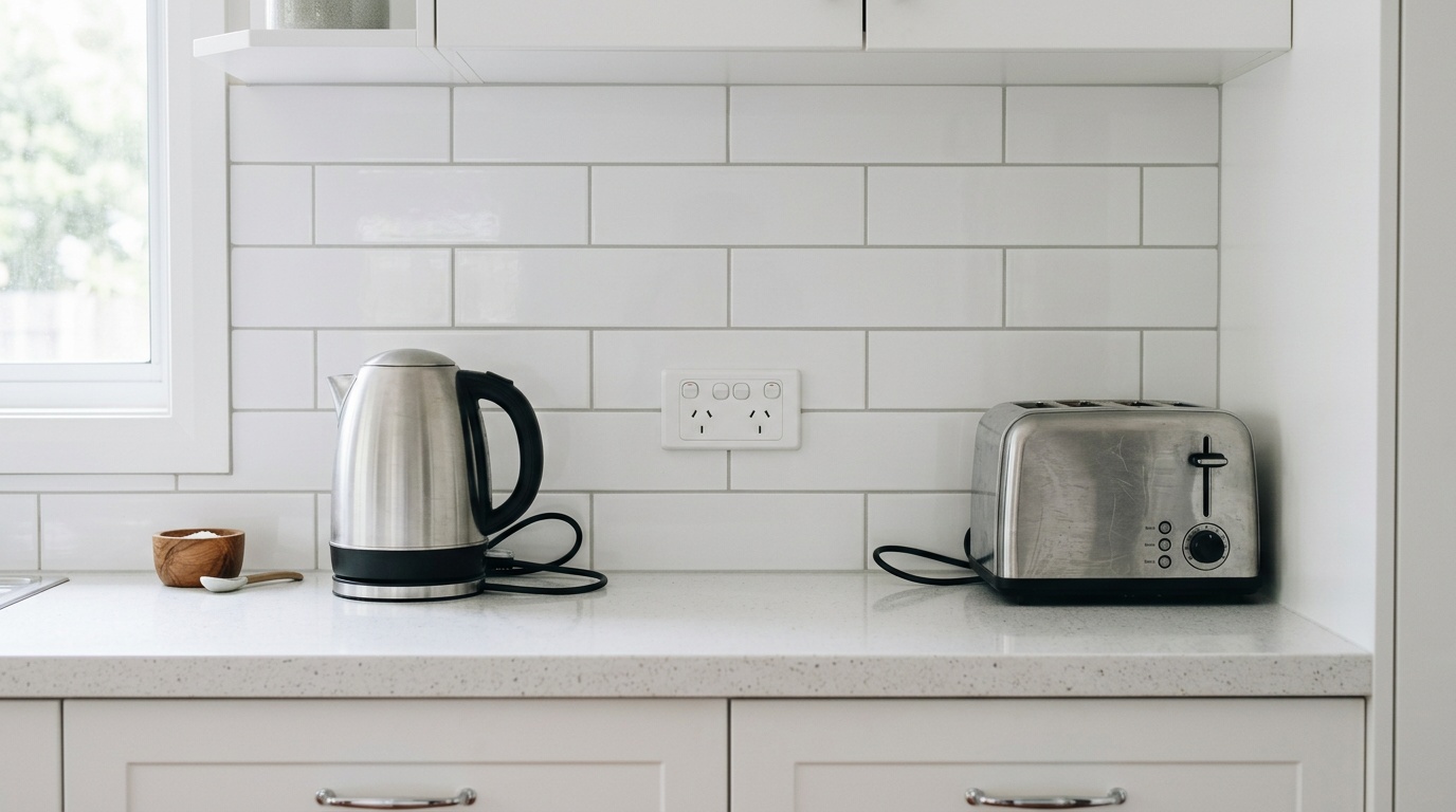 Kitchen splashback with double power points beside a kettle and toaster