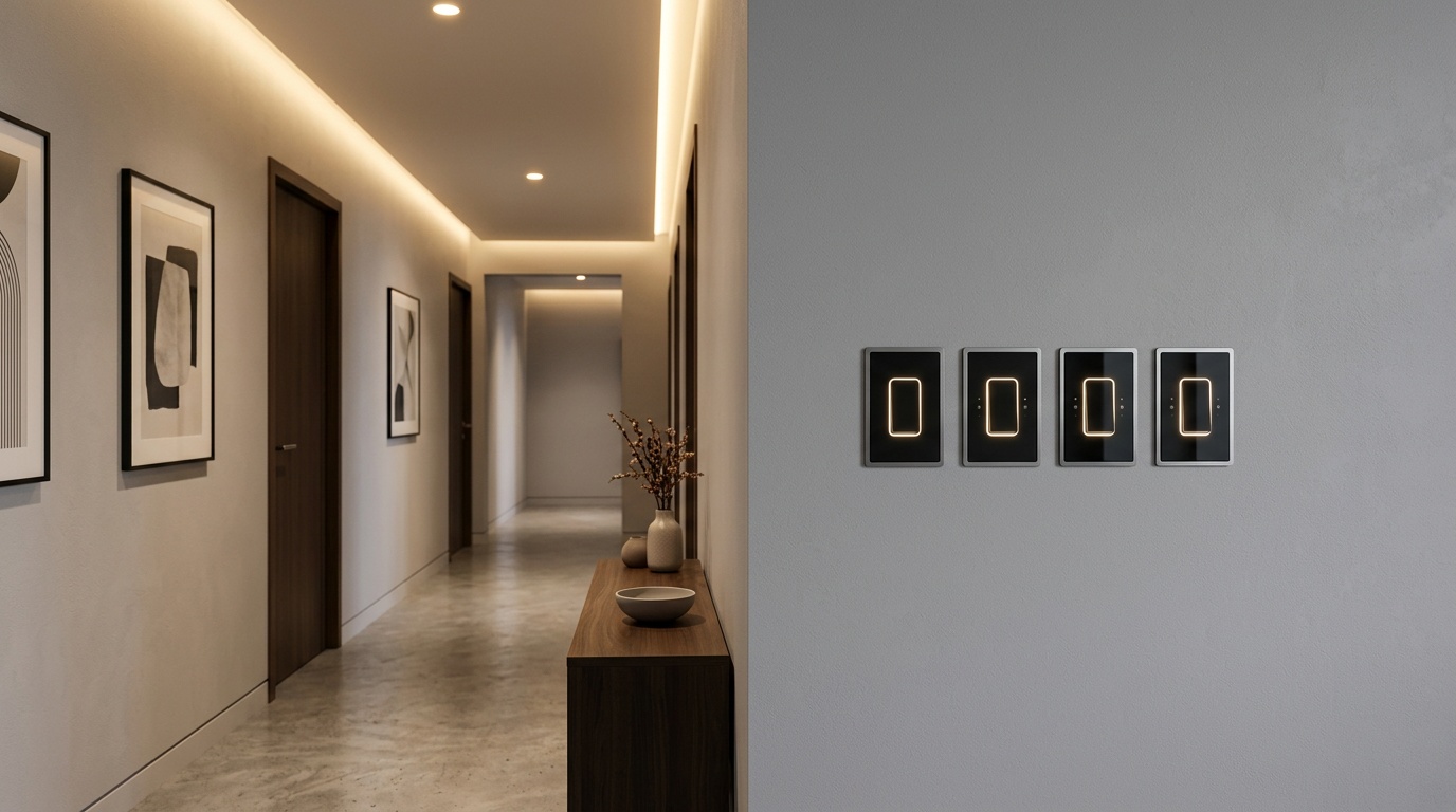 Modern hallway with smart light switches and soft ceiling lights