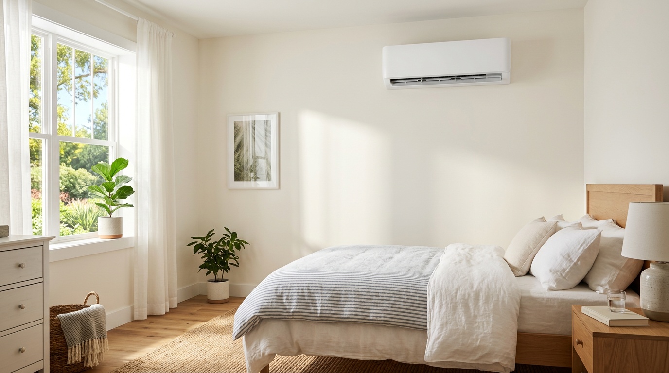 Wall mounted split system air conditioner in a sunny bedroom