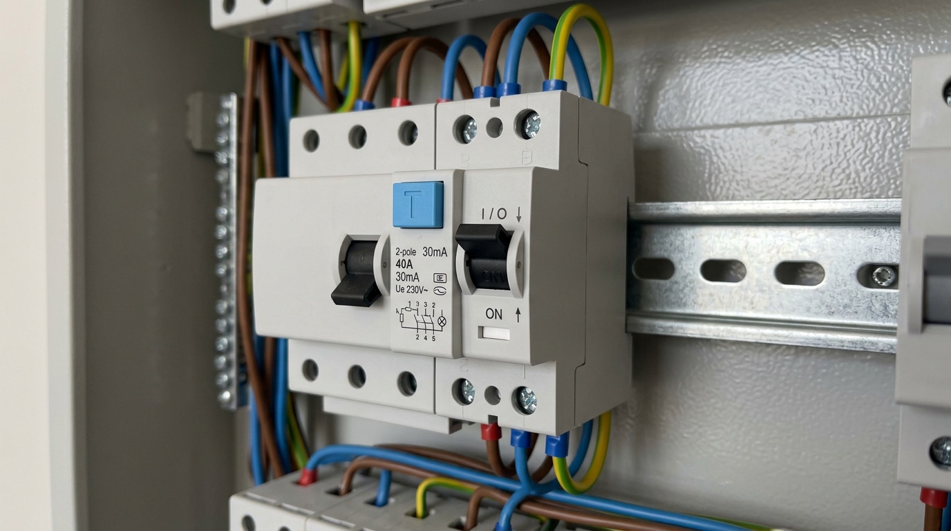 Close up of a safety switch on a switchboard rail