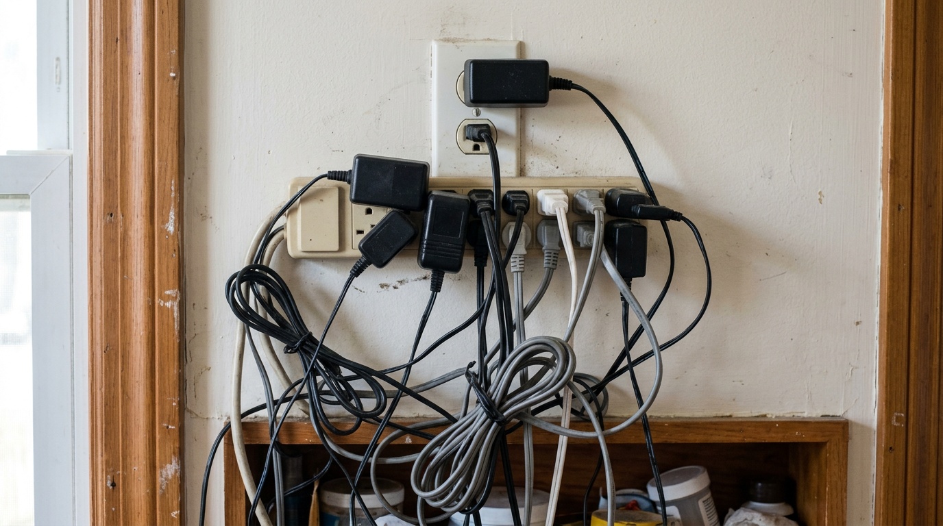 Overloaded power board with many plugs in a wall socket